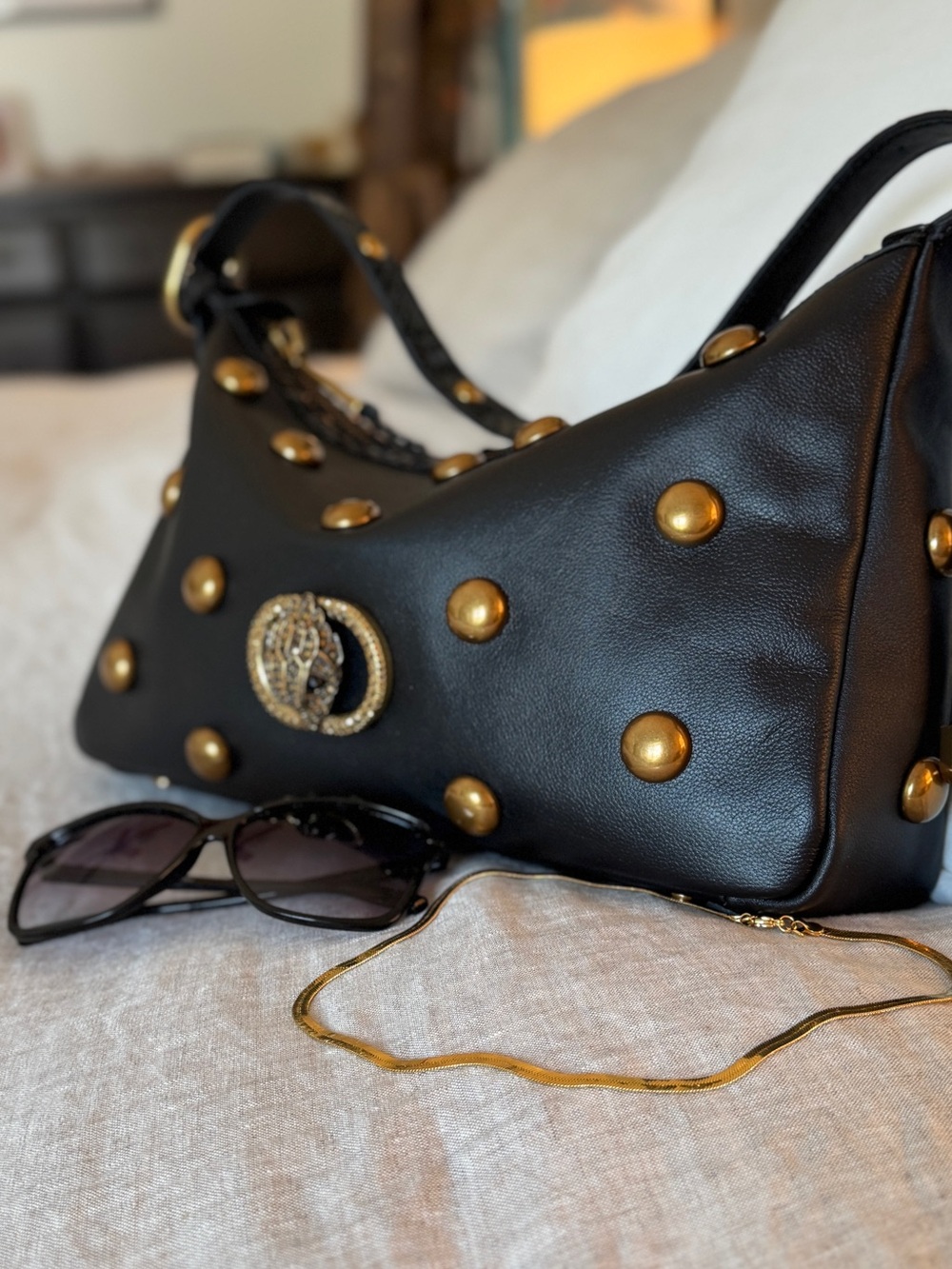 Kurt Geiger London Chelsea Black & Gold Statement Studded Leather Shoulder Bag - Picture 12 of 15